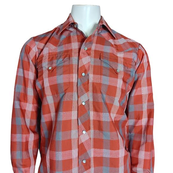 H Bar C Ranchwear Shirt Size 15-33 Long Tail Rusty Orange Plaid Snap Buttons - Picture 2 of 6